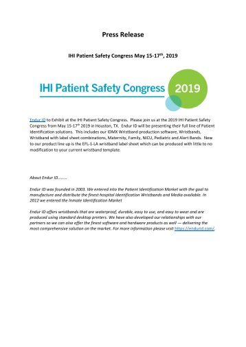 IHI Patient Safety Congress May 15-17th, 2019 
