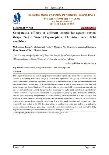 Comparative efficacy of different insecticides against cotton thrips Thrips tabaci (Thysanoptera: Thripidae) under field conditions