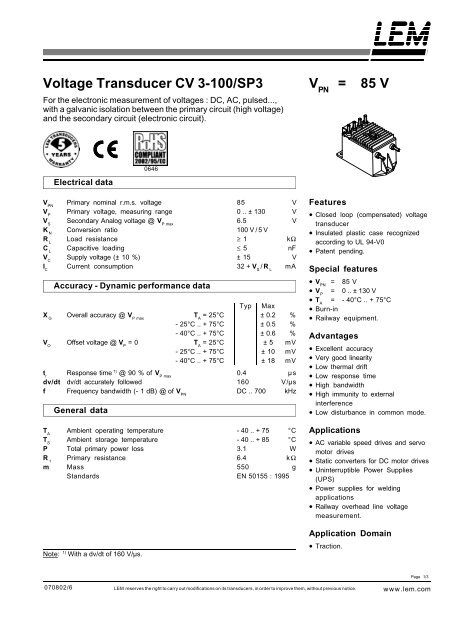 Voltage Transducer CV 3-100/SP3 - LEM