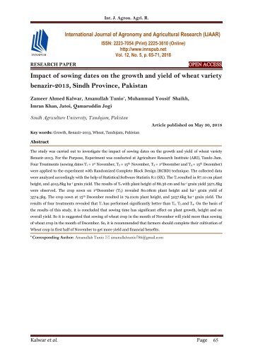 Impact of sowing dates on the growth and yield of wheat variety benazir-2013, Sindh Province, Pakistan