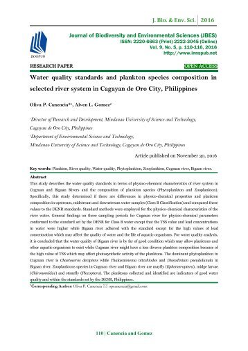 Water quality standards and plankton species composition in selected river system in Cagayan de Oro City, Philippines