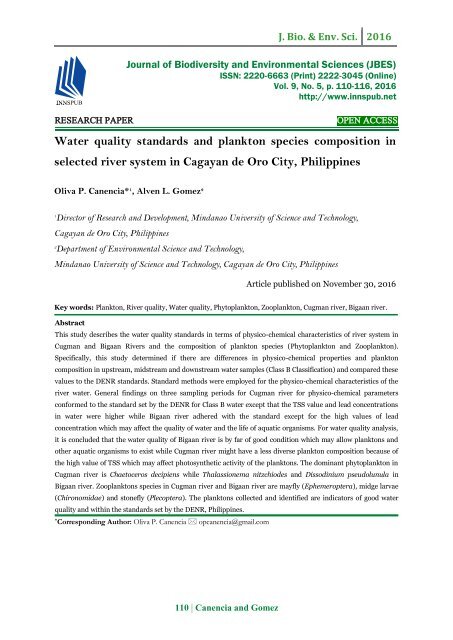 Water quality standards and plankton species composition in selected river system in Cagayan de Oro City, Philippines