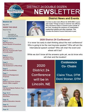 May 2019 Toastmasters District 24 Double Dozen newsletter.