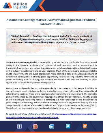 Automotive Coatings Market Overview and Segmented Products  Forecast To 2025