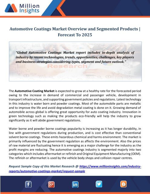 Automotive Coatings Market Overview and Segmented Products  Forecast To 2025