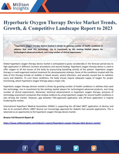 Hyperbaric Oxygen Therapy Device Market Trends, Growth, &amp;amp; Competitive Landscape Report to 2023