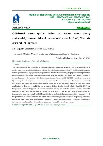GIS-based water quality index of marine water along residential, commercial and recreational areas in Opol, Misamis oriental, Philippines