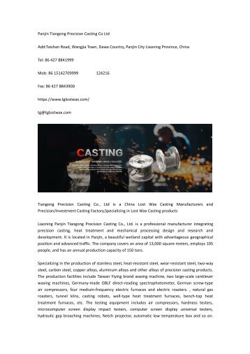 Panjin Tiangong Precision Casting Co Ltd