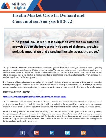 Insulin Market Growth, Demand and Consumption Analysis till 2022