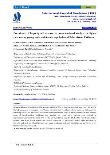 Prevalence of hypothyroid disease: A cross sectional study at a higher rate among young male and female population of Balochistan, Pakistan