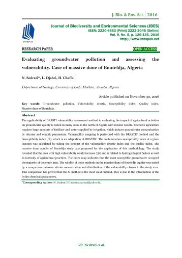 Evaluating groundwater pollution and assessing the vulnerability. Case of massive dune of Bouteldja, Algeria