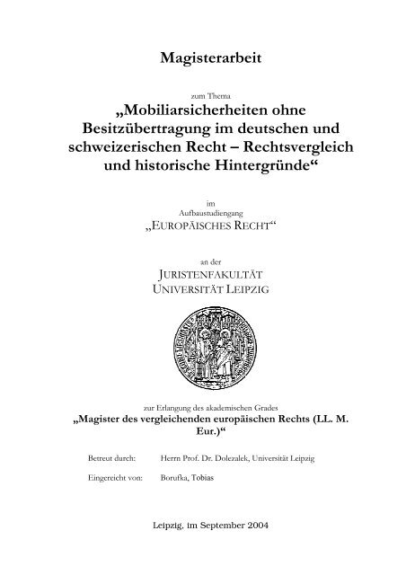 Magisterarbeit „Mobiliarsicherheiten ohne Besitzübertragung im ...