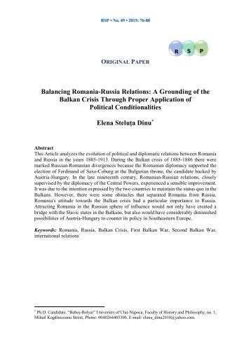 Elena Dinu Balancing Romania-Russia Relations: A Grounding of the Balkan Crisis Through Proper Application of Political Conditionalities