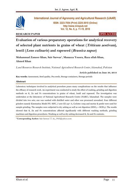 Evaluation of various preparatory operations for analytical recovery of selected plant nutrients in grains of wheat (Triticum aestivum), lentil (Lens culinaris) and rapeseed (Brassica napus)