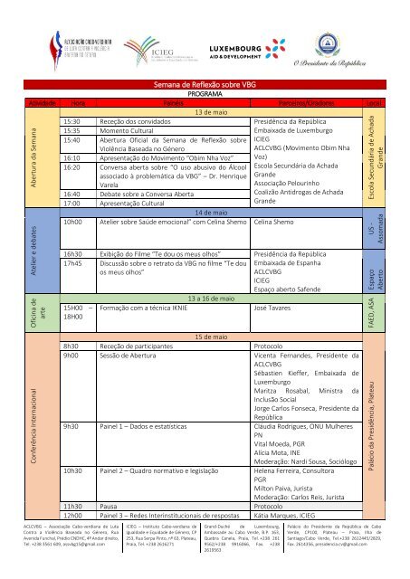 Programa Semana Internacional de Reflexão VBG 13 a 17 maio 2019