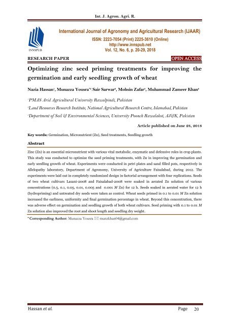 Optimizing zinc seed priming treatments for improving the germination and early seedling growth of wheat