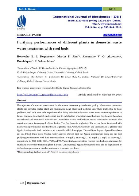 Purifying performances of different plants in domestic waste water treatment with reed beds