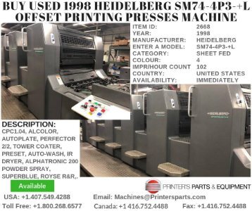 Buy Used 1998 Heidelberg SM74-4P3-+L Offset Printing Presses Machine