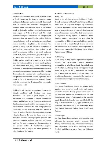 Vegetation structure of Plectranthus rugosus dominated communities in Tehsil Kabal district, Swat