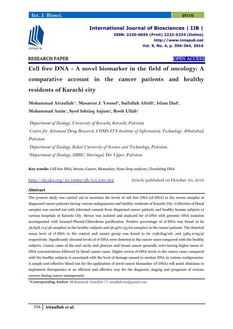Cell free DNA - A novel biomarker in the field of oncology: A comparative account in the cancer patients and healthy residents of Karachi city