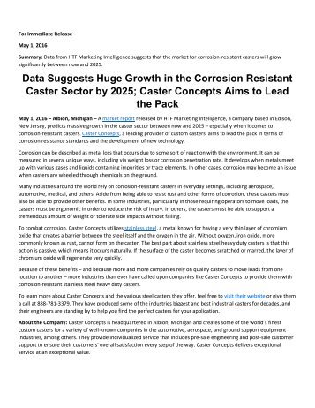 Data Suggests Huge Growth in the Corrosion Resistant Caster Sector by 2025; Caster Concepts Aims to Lead the Pack 