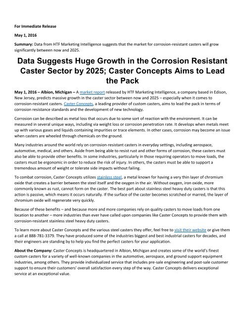 Data Suggests Huge Growth in the Corrosion Resistant Caster Sector by 2025; Caster Concepts Aims to Lead the Pack 