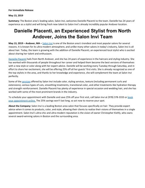 Danielle Placenti, an Experienced Stylist from North Andover, Joins the Salon Invi Team 