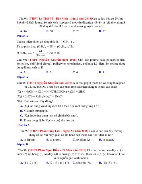 LỚP 12 - POLIME VÀ VẬT LIỆU POLIME - TÁCH TỪ ĐỀ THI THỬ NĂM 2018