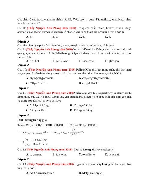 LỚP 12 - POLIME VÀ VẬT LIỆU POLIME - TÁCH TỪ ĐỀ THI THỬ NĂM 2018
