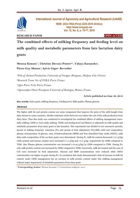 The combined effects of milking frequency and feeding level on milk quality and metabolic parameters from late lactation dairy goats