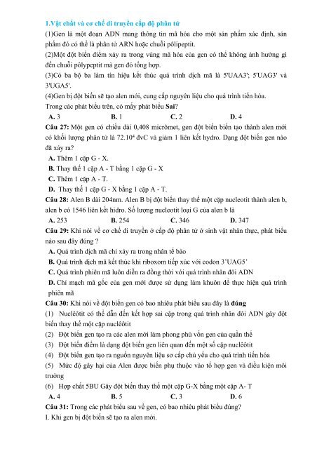 Câu hỏi trắc nghiệm môn Sinh Học chọn lọc theo mức độ vận dụng kèm lời giải chi tiết Chuyên đề Vật chất và cơ chế di truyền cấp độ phân tử