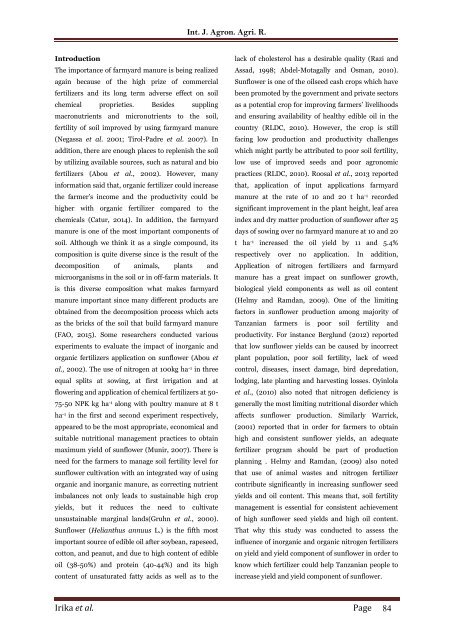 Assessment of inorganic and organic fertilizers regimes on yield and yield components of sunflower in Morogoro, Tanzania