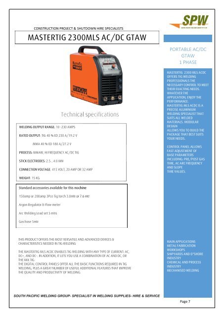 SPW Hire Equipment Catalogue