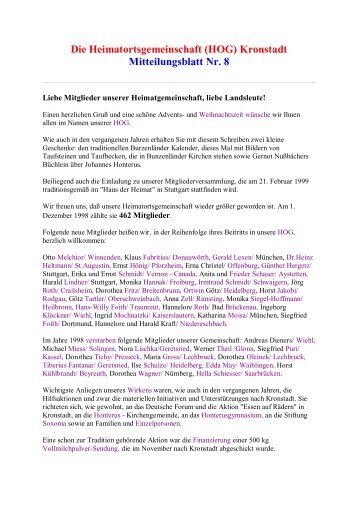 Die Heimatortsgemeinschaft (HOG) Kronstadt Mitteilungsblatt Nr. 8