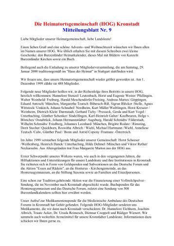 Die Heimatortsgemeinschaft (HOG) Kronstadt Mitteilungsblatt Nr. 9