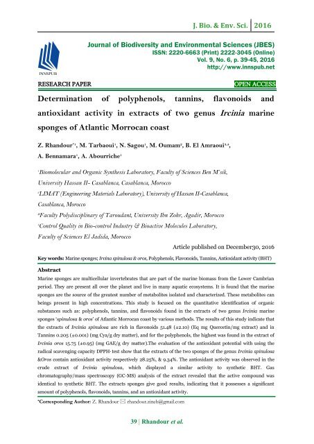 Determination of polyphenols, tannins, flavonoids and antioxidant activity in extracts of two genus Ircinia marine sponges of Atlantic Morrocan coast