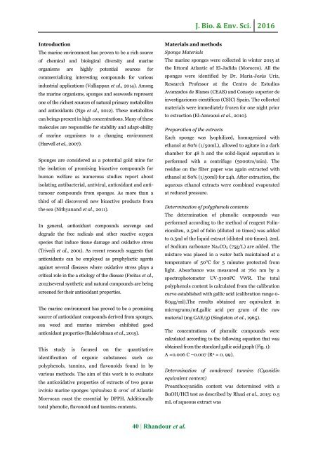 Determination of polyphenols, tannins, flavonoids and antioxidant activity in extracts of two genus Ircinia marine sponges of Atlantic Morrocan coast