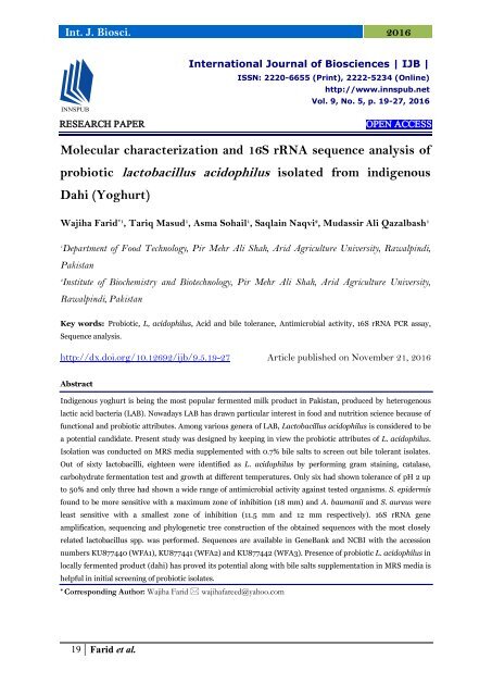 Molecular characterization and 16S rRNA sequence analysis of probiotic lactobacillus acidophilus isolated from indigenous Dahi (Yoghurt)