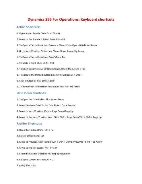 Dynamics 365 For Operations Keyboard shortcuts