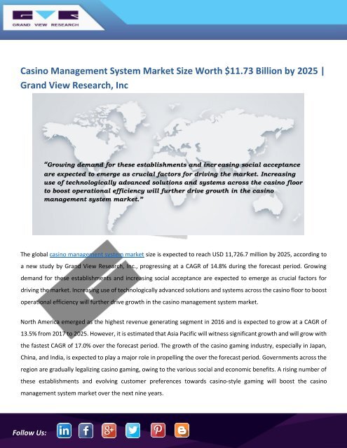 Casino Management System Market Is Anticipated to Attain Around $11.73 Billion By 2025