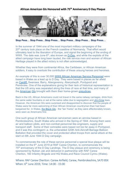 D Day 75th anniversary Press  release 