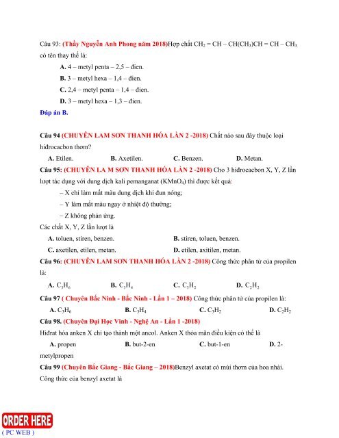 Câu hỏi trắc nghiệm lý thuyết môn Hóa Học theo chuyên đề tách từ đề thi thử 2018 Lớp 11 chuyên đề Hữu cơ có lời giải chi tiết