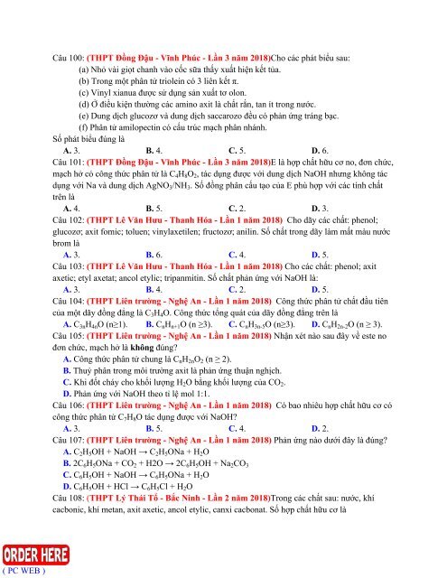 Câu hỏi trắc nghiệm lý thuyết môn Hóa Học theo chuyên đề tách từ đề thi thử 2018 Lớp 11 chuyên đề Hữu cơ có lời giải chi tiết