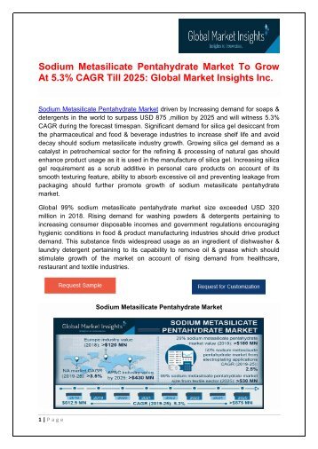 Global Sodium Metasilicate Pentahydrate Market To Expand $ 875 Mn By 2025