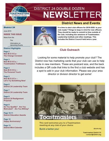 June 2019 Toastmasters District 24 Double Dozen newsletter.