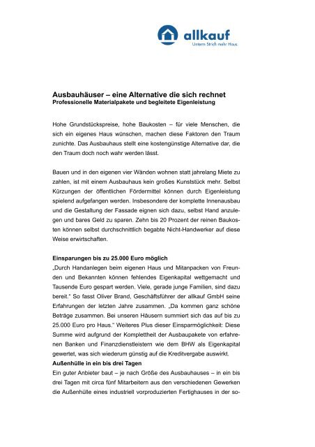 Ausbauhäuser – eine Alternative die sich rechnet - allkauf haus GmbH