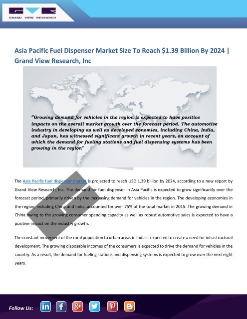 Asia Pacific Fuel Dispenser Market Is Estimated to Attain Around $1.39 Billion By 2024