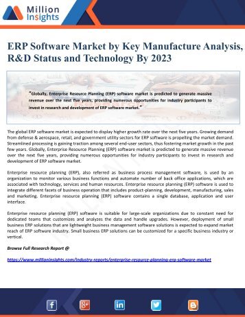 ERP Software Market by Key Manufacture Analysis, R&amp;D Status and Technology By 2023