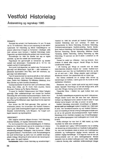 Årsberetning for Vestfold Historielag 1985