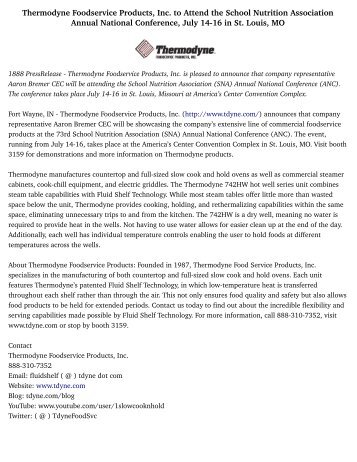 Thermodyne Foodservice Products, Inc. to Attend the School Nutrition Association Annual National Conference, July 14-16 in St. Louis, MO